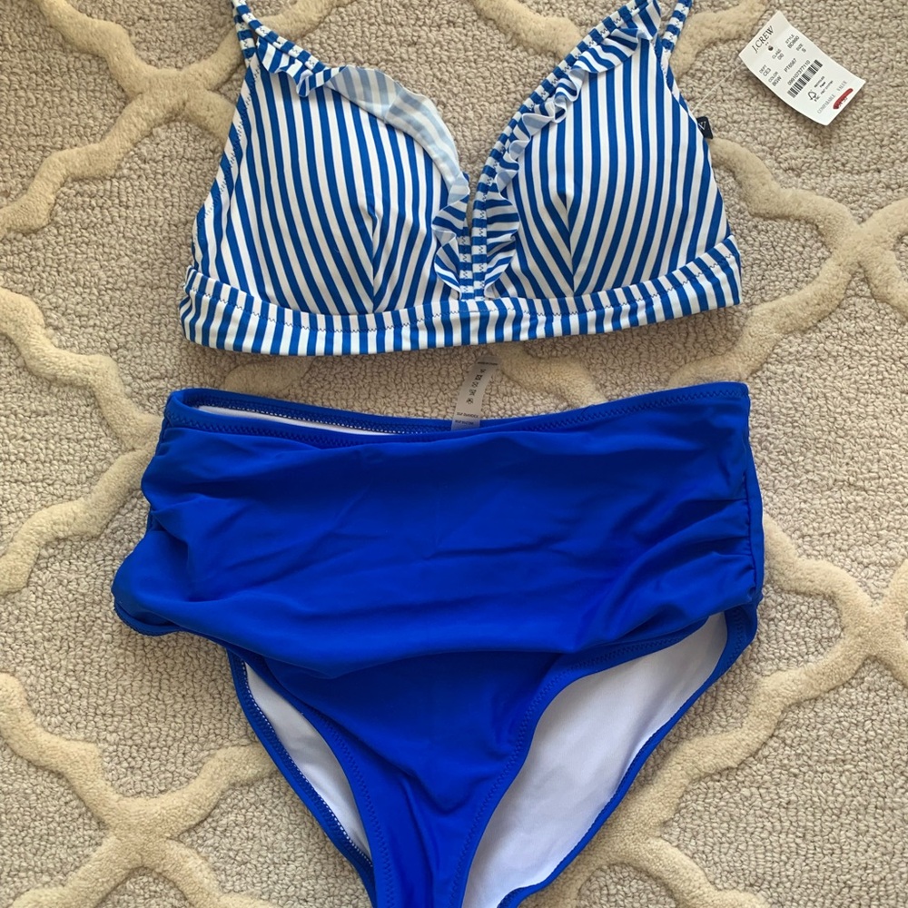 J. Crew Factory Blue and White Striped Bikini Top with high waisted bottom